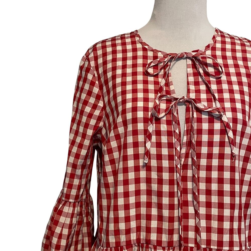 ASOS Gingham Babydoll Dress Womens Size 12 Red Tie Front Bell Sleeve Americana - Picture 4 of 9